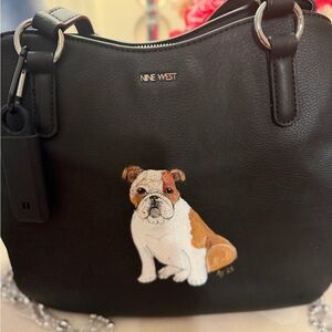 Custom Hand-Painted Art to Wear Bulldog Nine West Black Faux Leather Satchel Bag